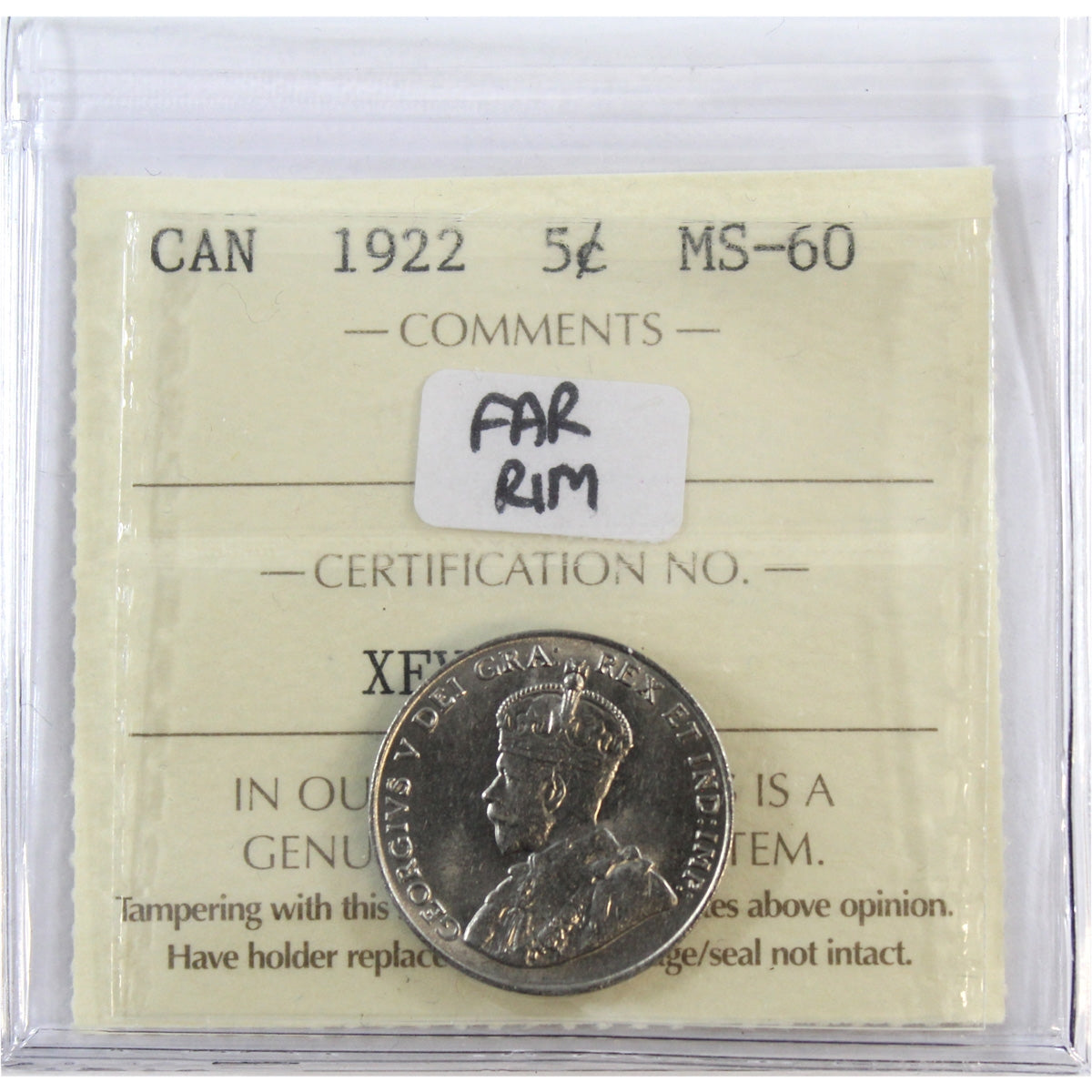 1922 Far Rim Canada 5-cents ICCS Certified MS60