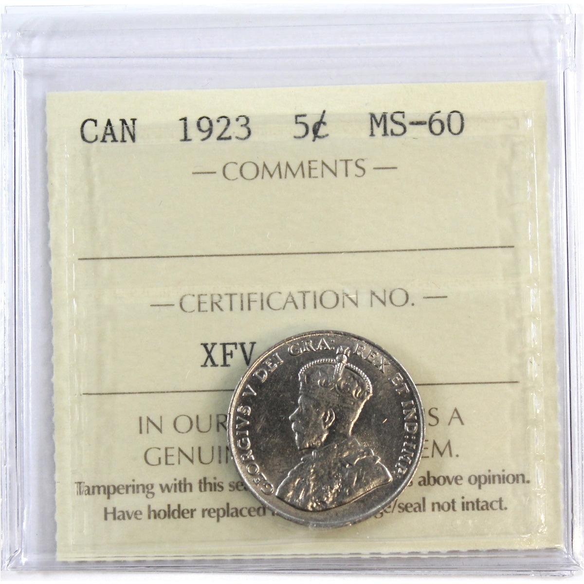 1923 Canada 5-cents ICCS Certified MS60