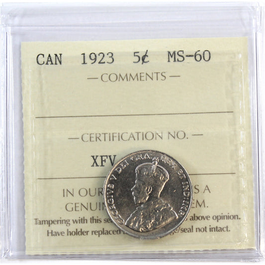 1923 Canada 5-cents ICCS Certified MS60