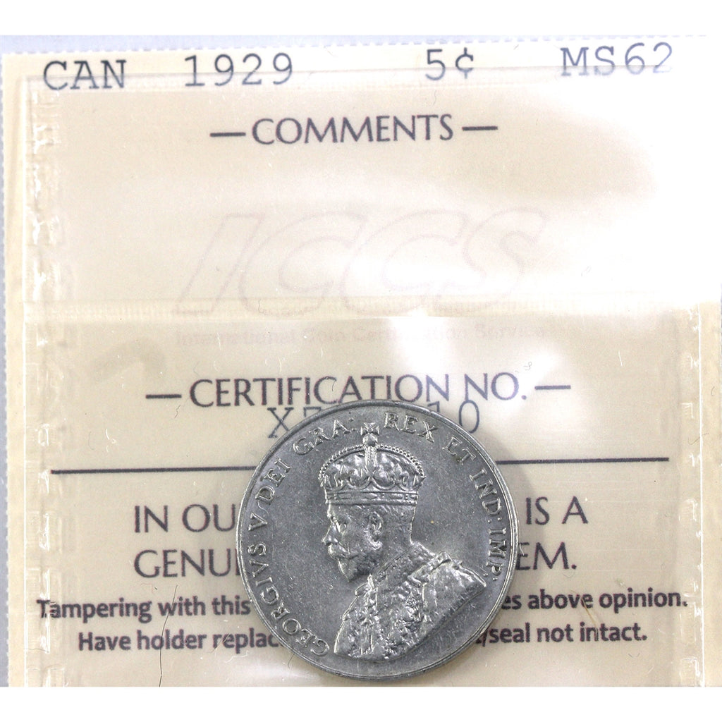 1929 Canada 5-cents ICCS Certified MS62