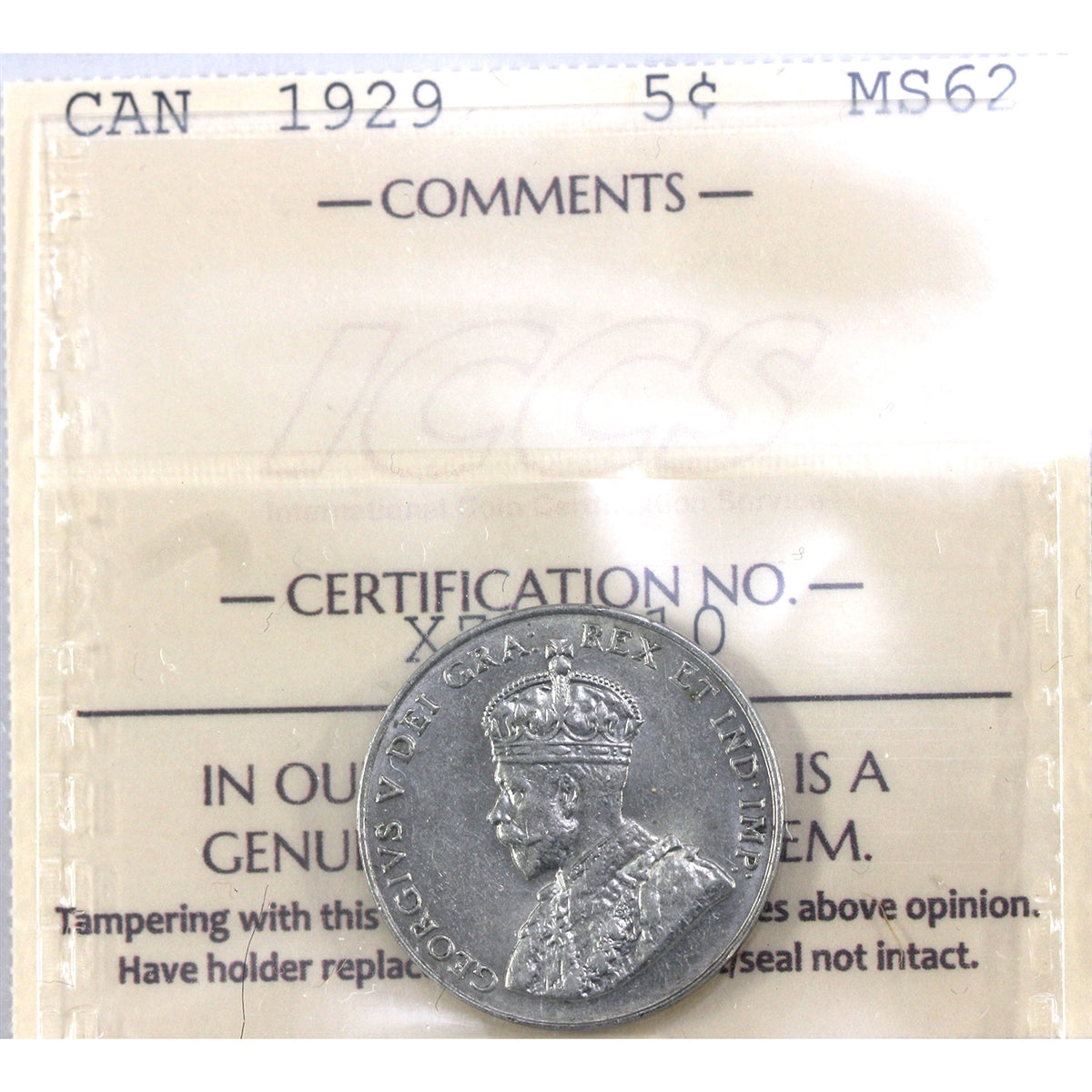 1929 Canada 5-cents ICCS Certified MS62