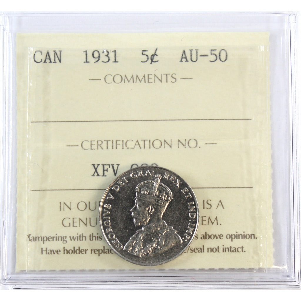 1931 Canada 5-cents ICCS Certified AU50