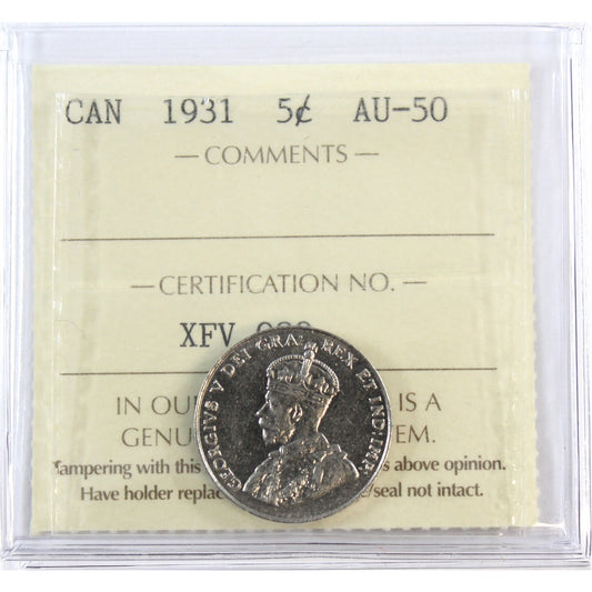 1931 Canada 5-cents ICCS Certified AU50