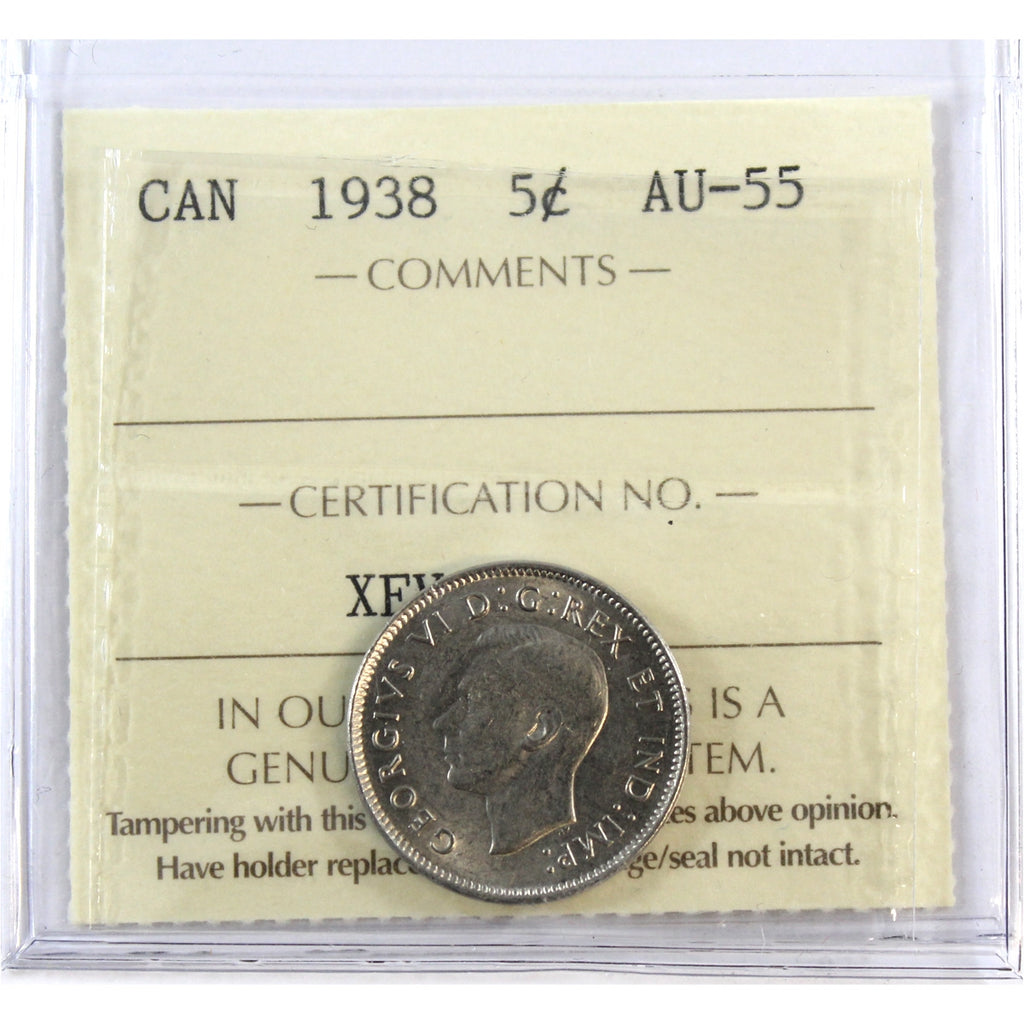 1938 Canada 5-cents ICCS Certified AU55