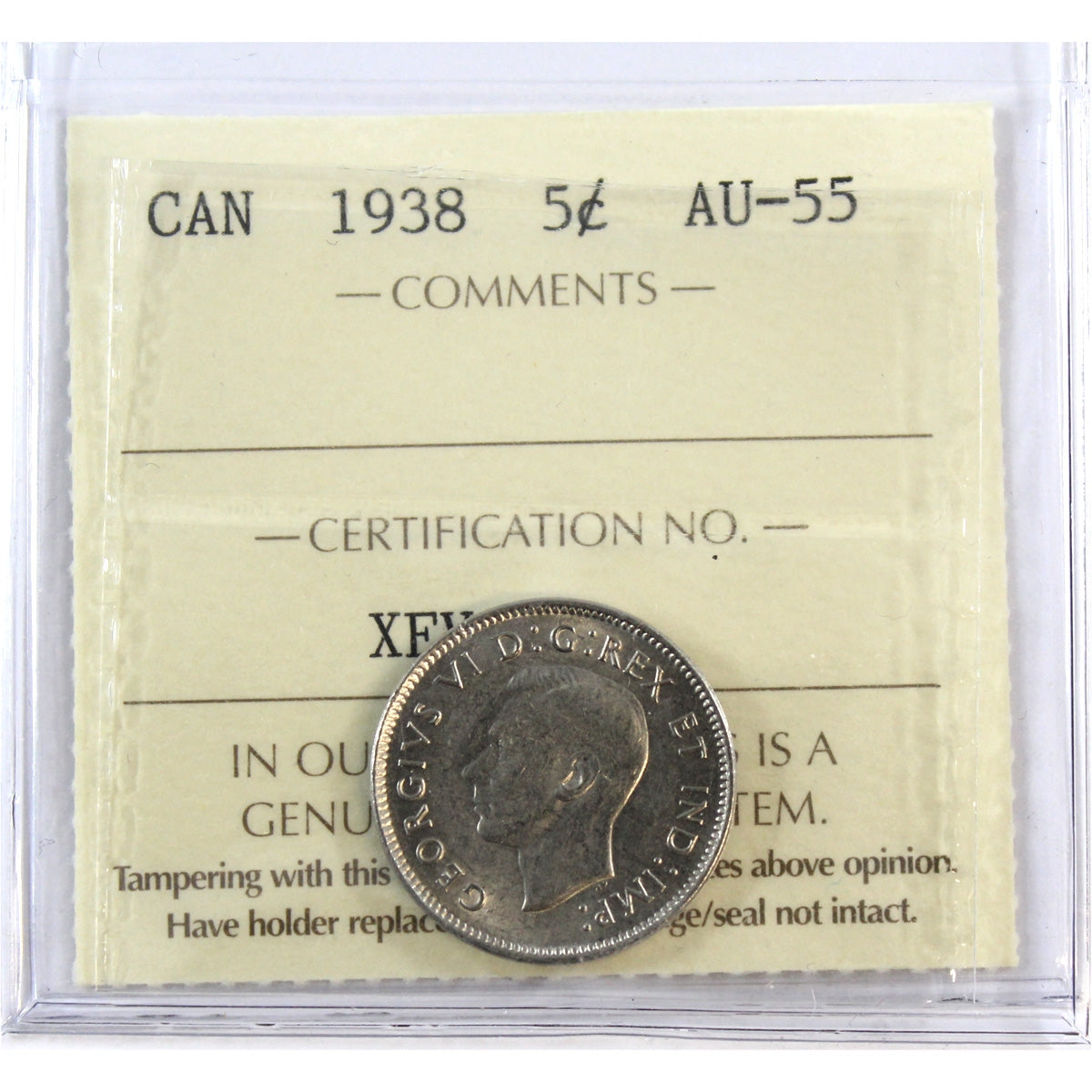 1938 Canada 5-cents ICCS Certified AU55