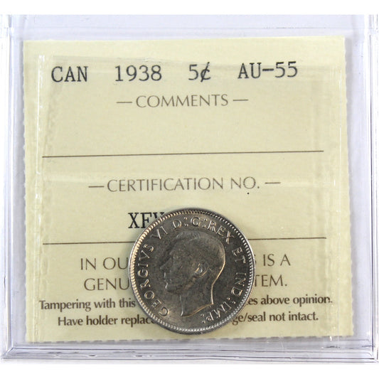 1938 Canada 5-cents ICCS Certified AU55