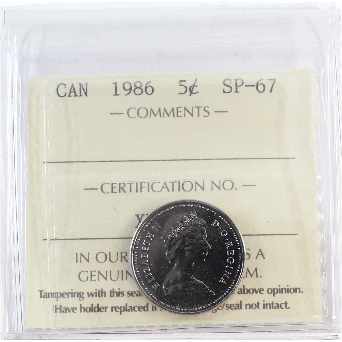 1986 Canada 5-cents ICCS Certified SP67