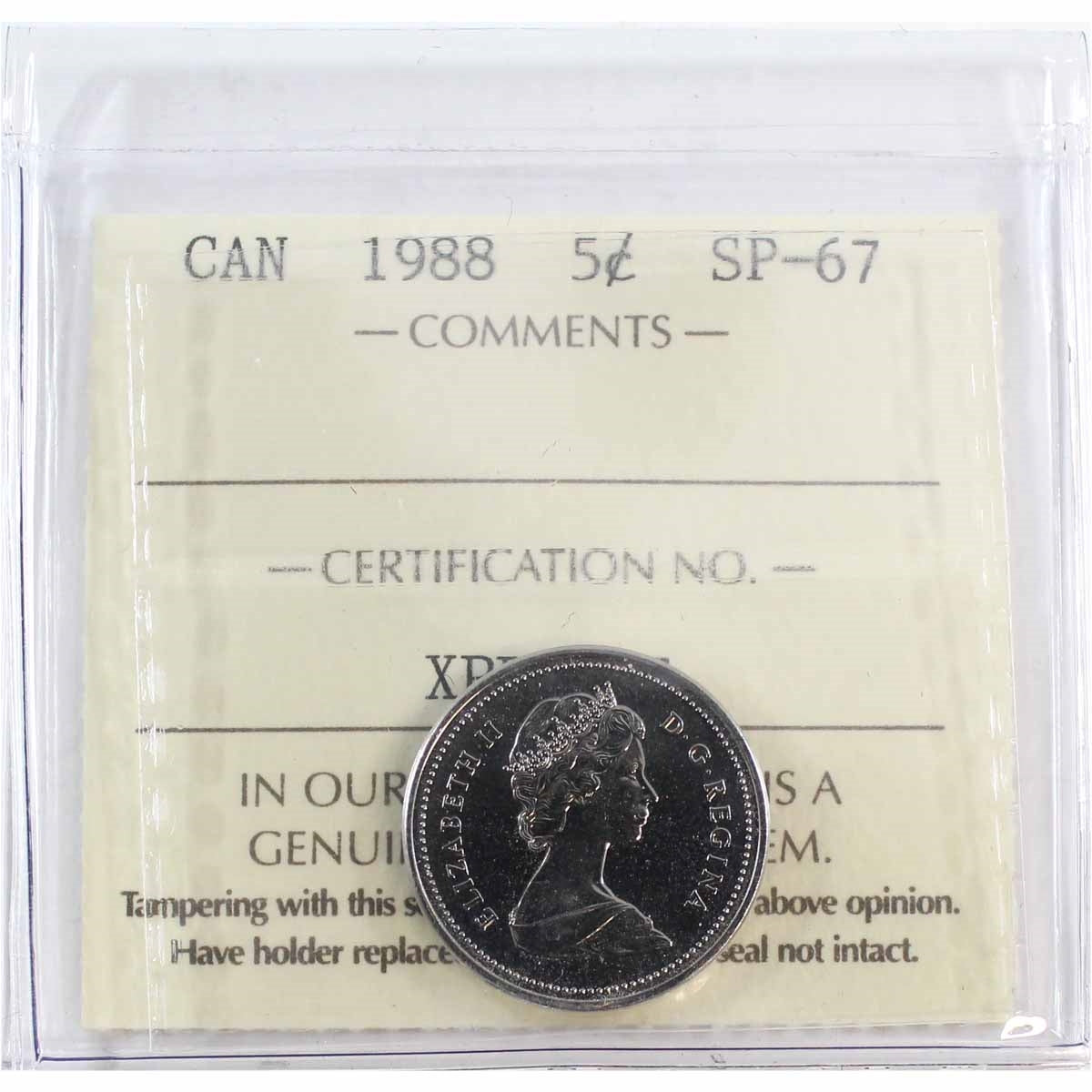 1988 Canada 5-cents ICCS Certified SP67