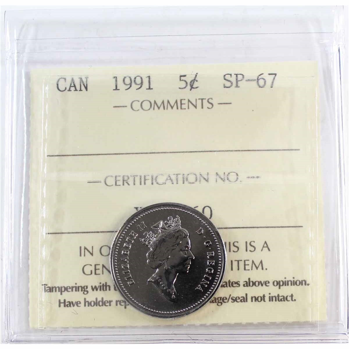1991 Canada 5-cents ICCS Certified SP67