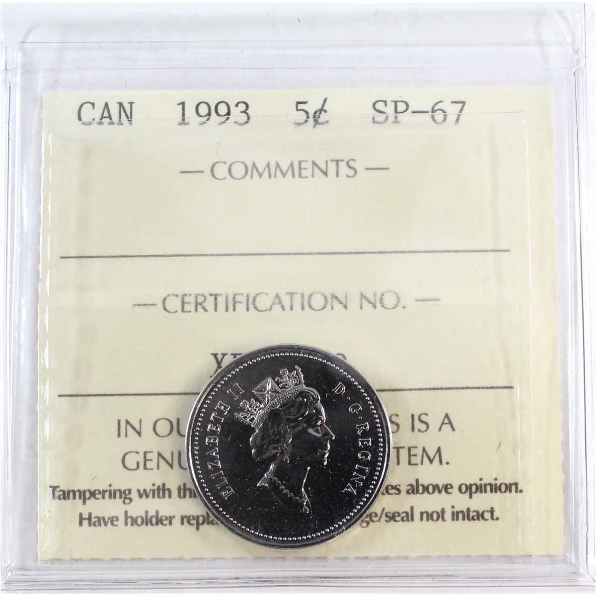 1993 Canada 5-cents ICCS Certified SP67
