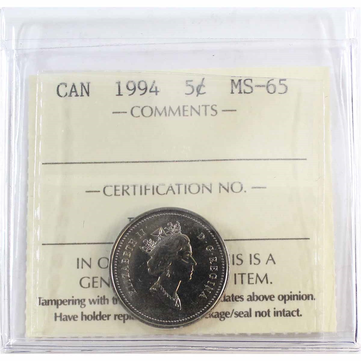 1994 Canada 5-cents ICCS Certified MS65