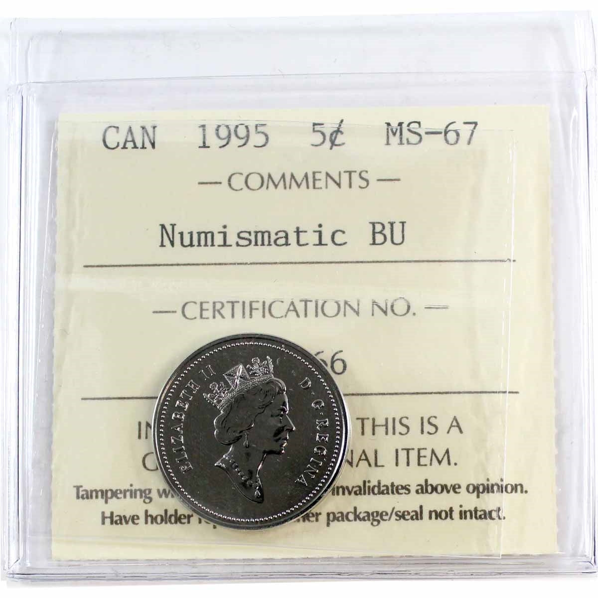 1995 Canada 5-cents ICCS Certified MS67 NBU