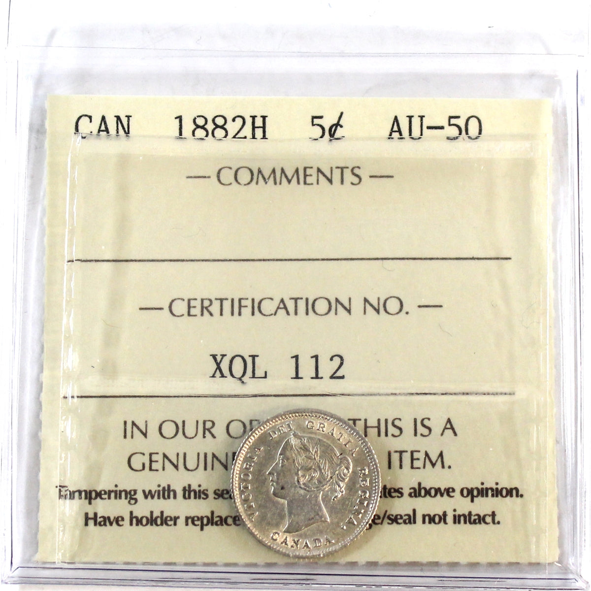 1882H Canada 5-cents ICCS Certified AU50
