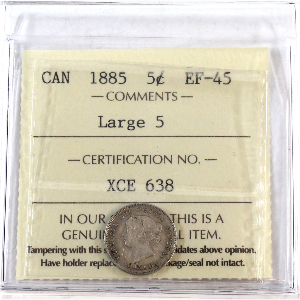 1885 Large 5 Canada 5-cents ICCS Certified EF45