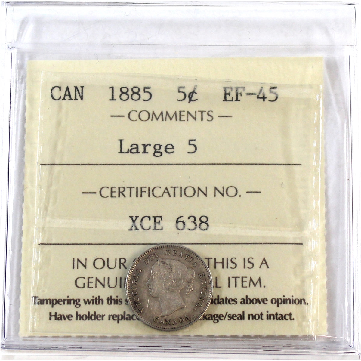 1885 Large 5 Canada 5-cents ICCS Certified EF45