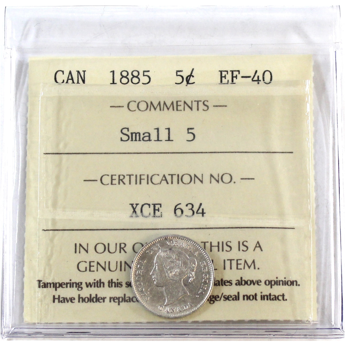 1885 Small 5 Canada 5-cents ICCS Certified EF40