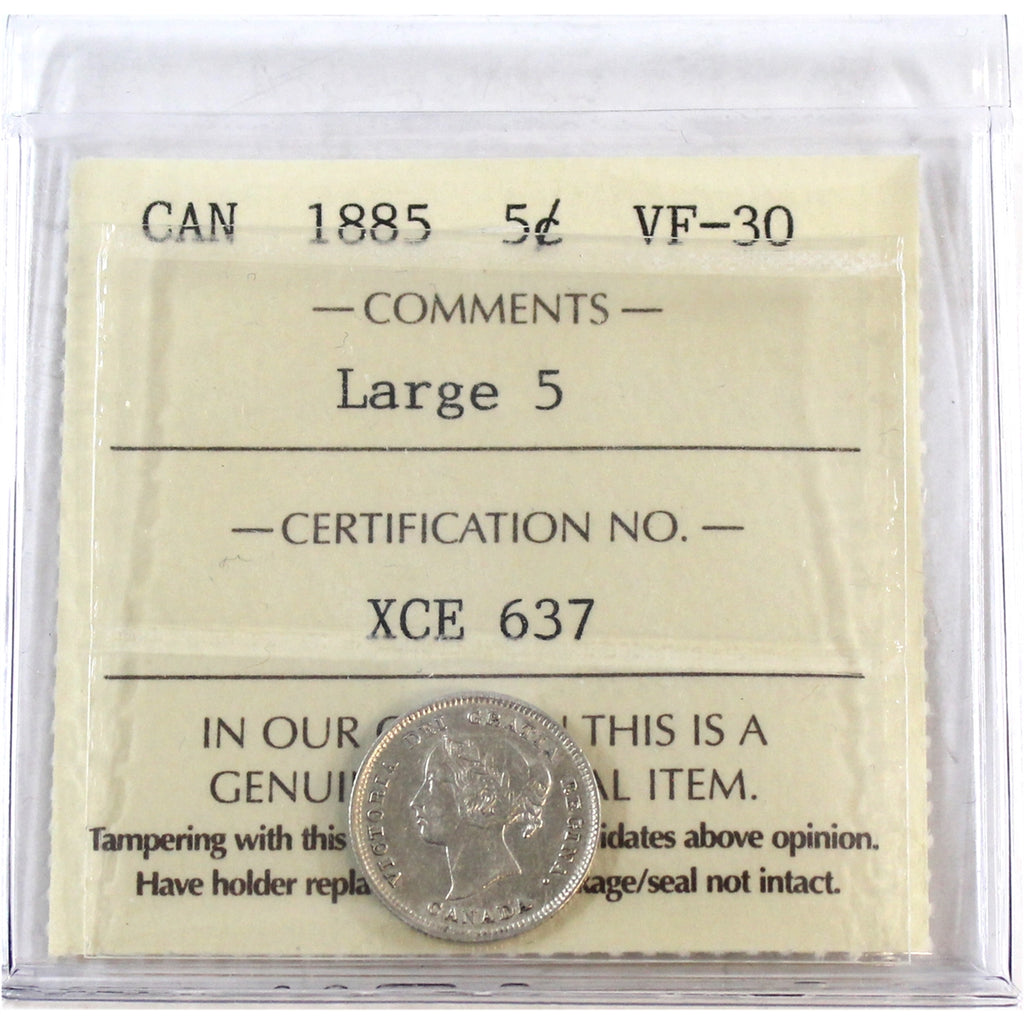 1885 Large 5 Canada 5-cents ICCS Certified VF30