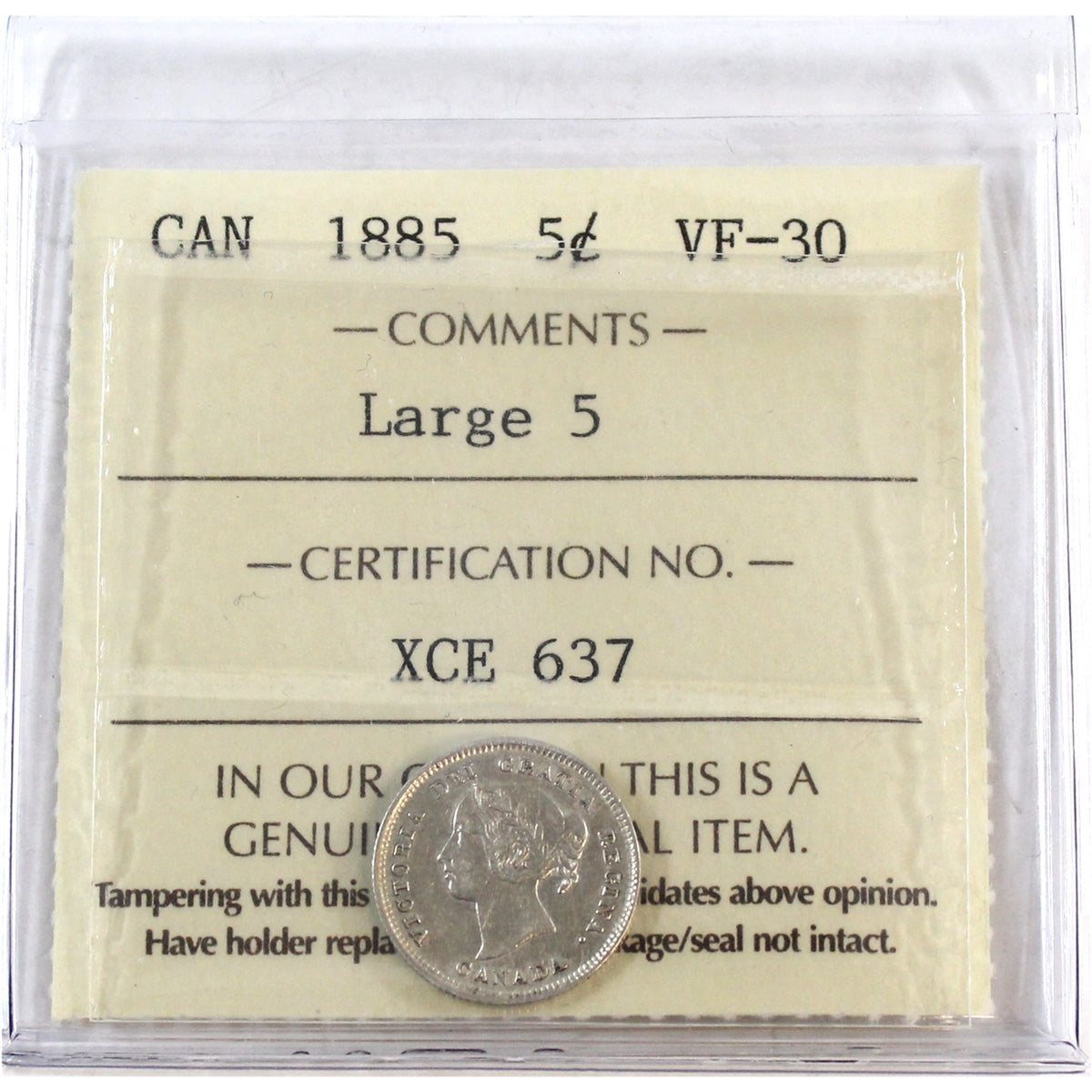 1885 Large 5 Canada 5-cents ICCS Certified VF30