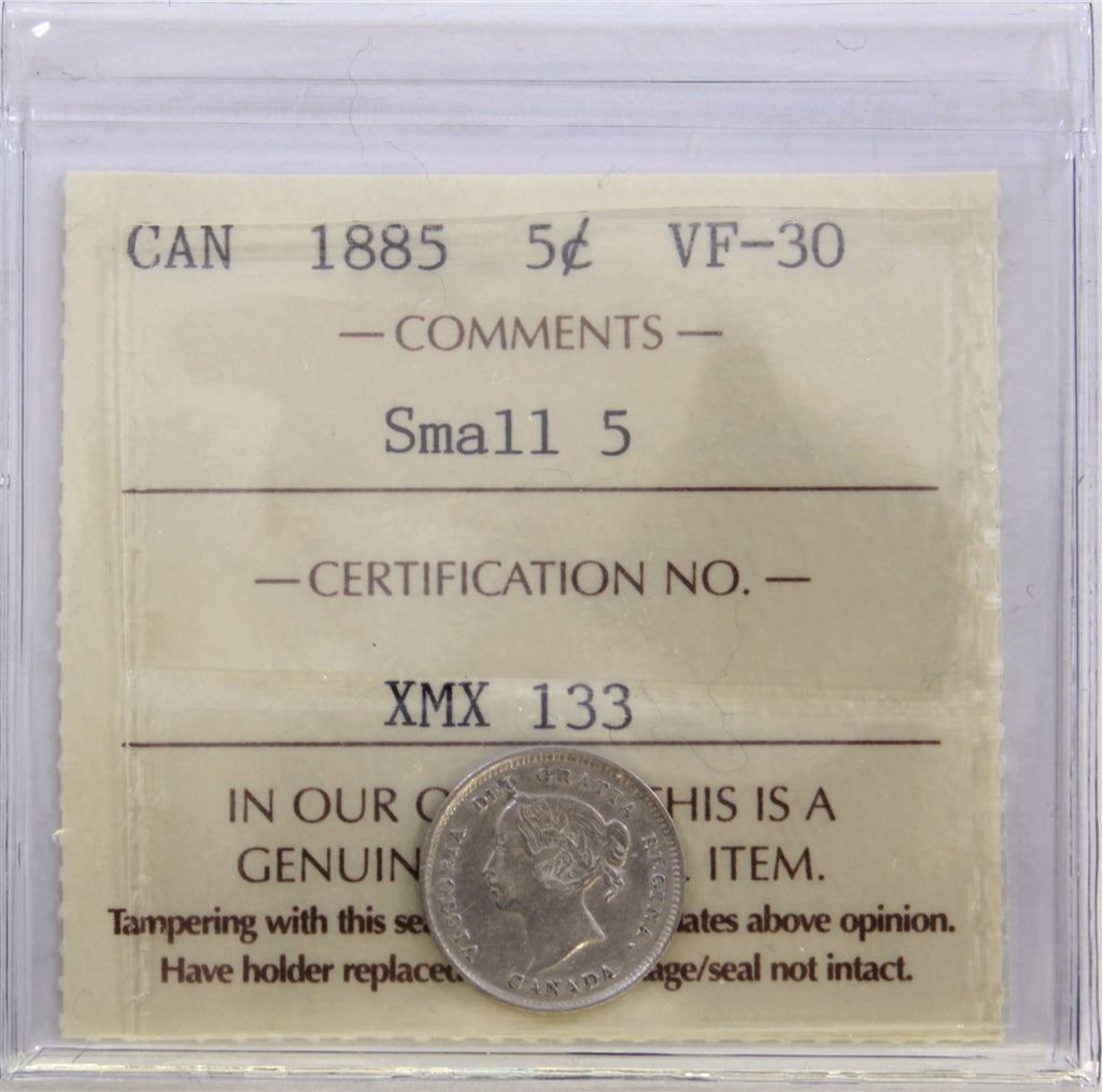 1885 Small 5 Canada 5-cents ICCS Certified VF30