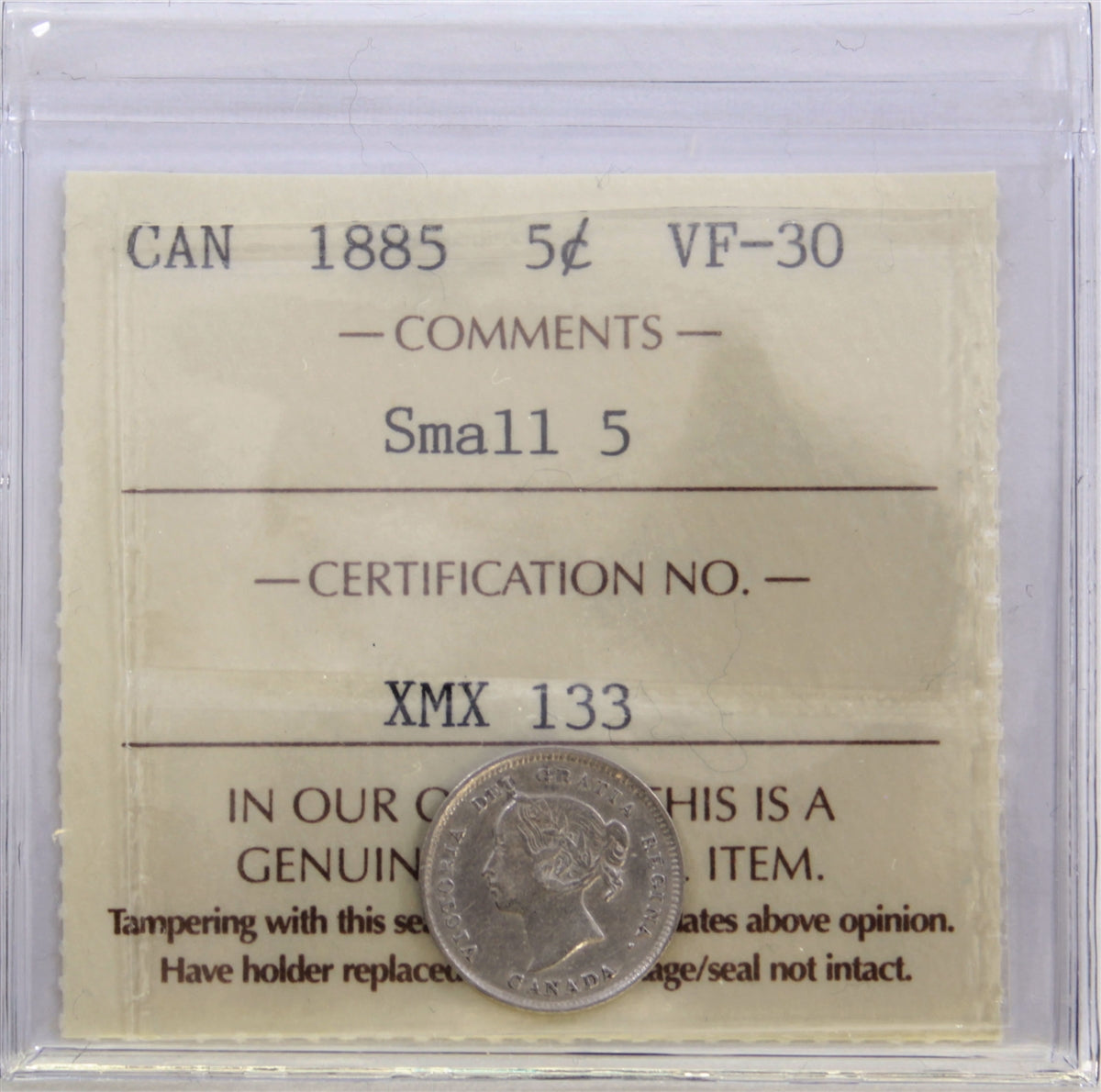 1885 Small 5 Canada 5-cents ICCS Certified VF30