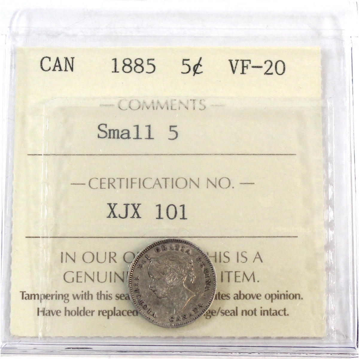 1885 Small 5 Canada 5-cents ICCS Certified VF20