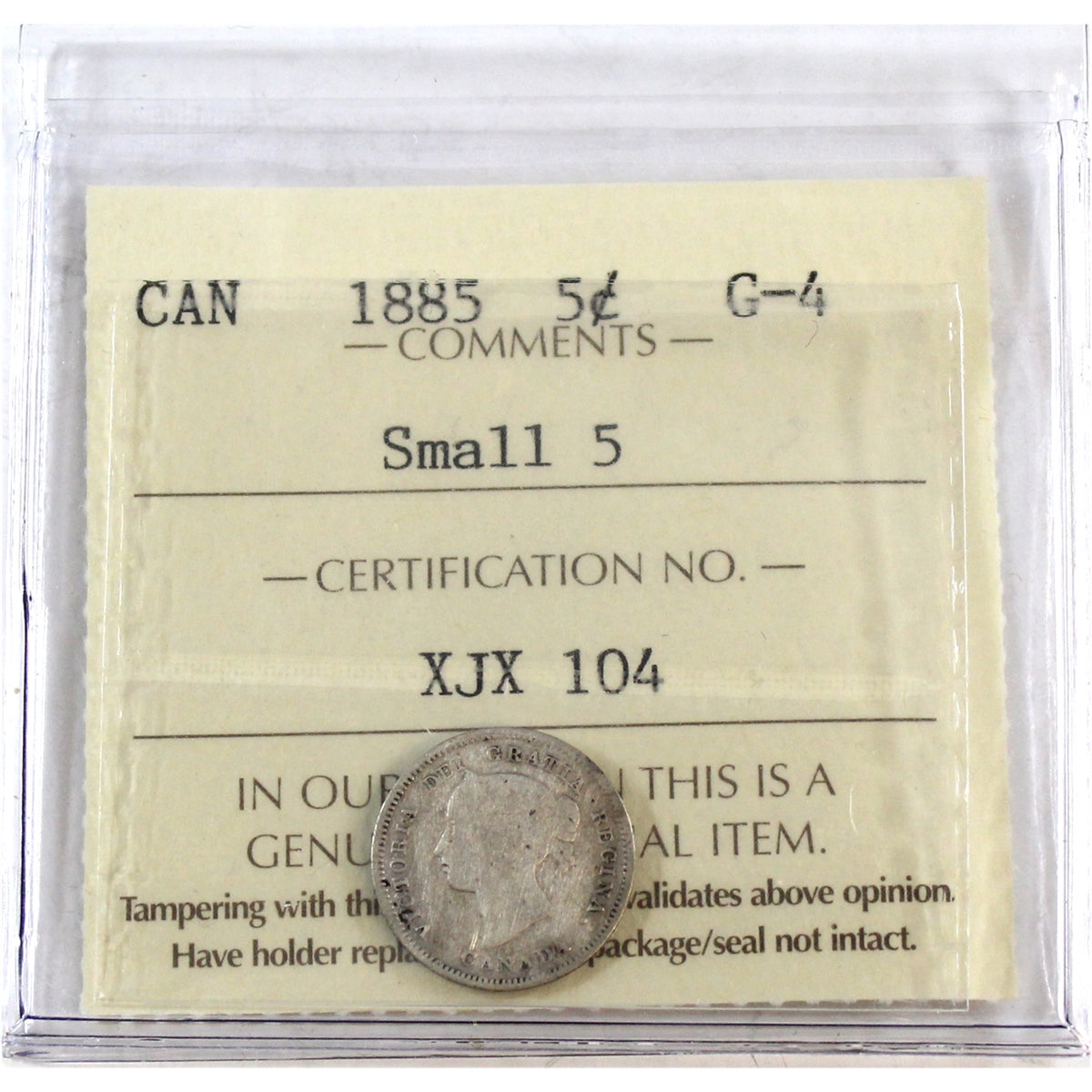 1885 Small 5 Canada 5-cents ICCS Certified G4