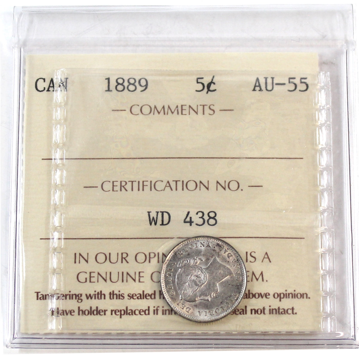 1889 Canada 5-cents ICCS Certified AU55