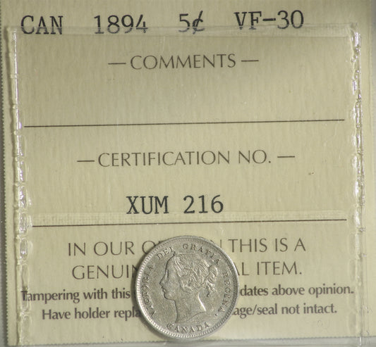 1894 Canada 5-cents ICCS Certified VF30