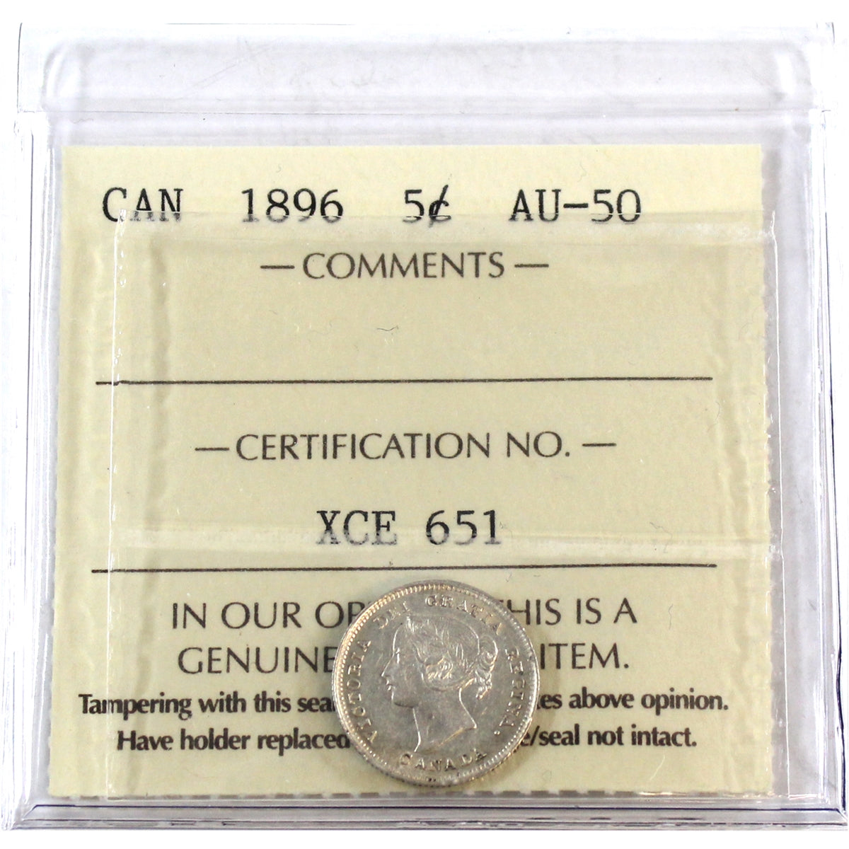 1896 Canada 5-cents ICCS Certified AU50