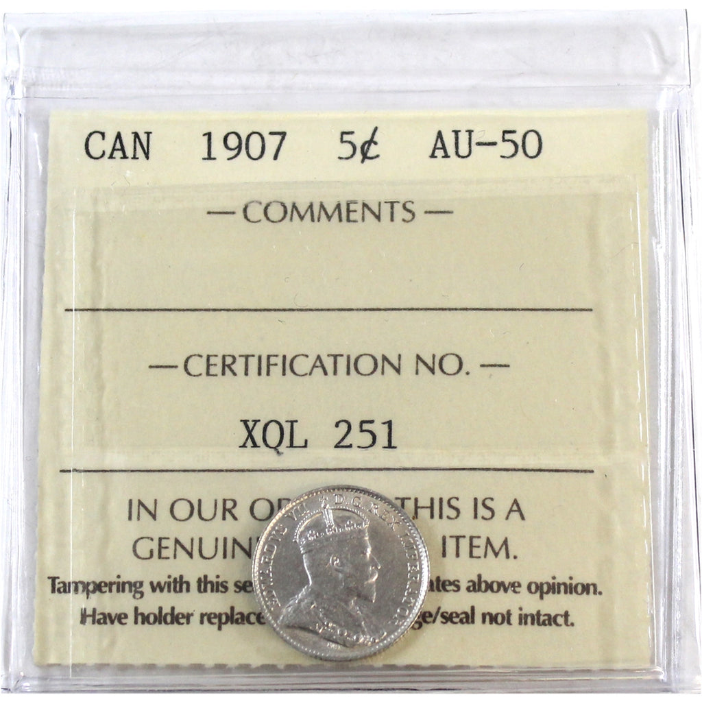1907 Canada 5-cents ICCS Certified AU50