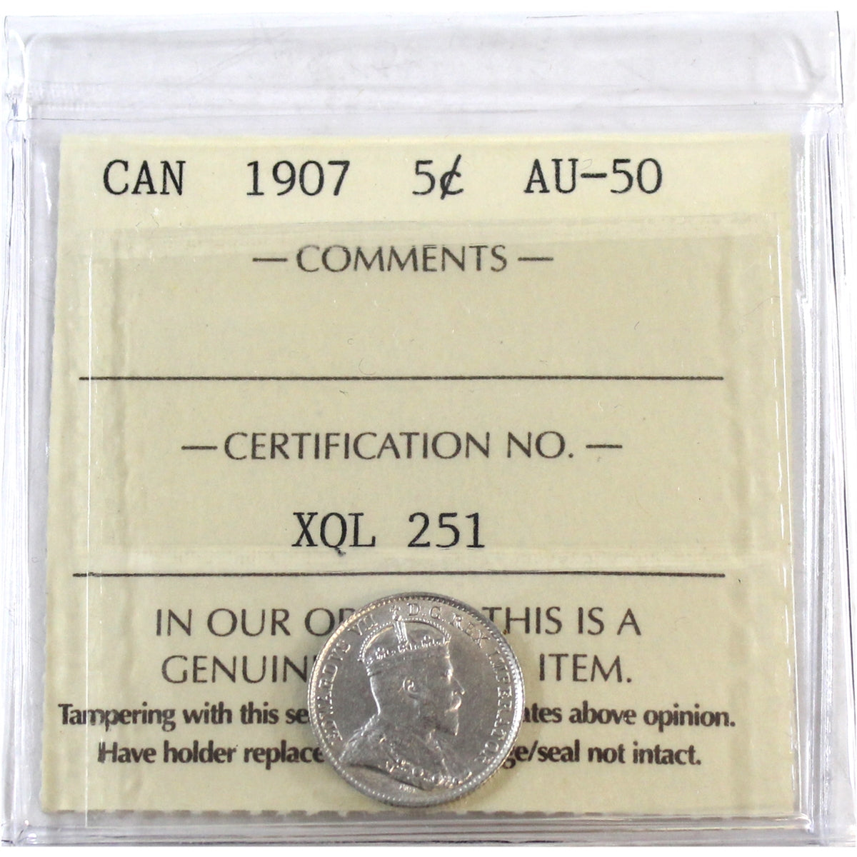 1907 Canada 5-cents ICCS Certified AU50