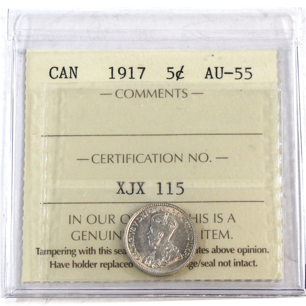 1917 Canada 5-cents ICCS Certified AU55