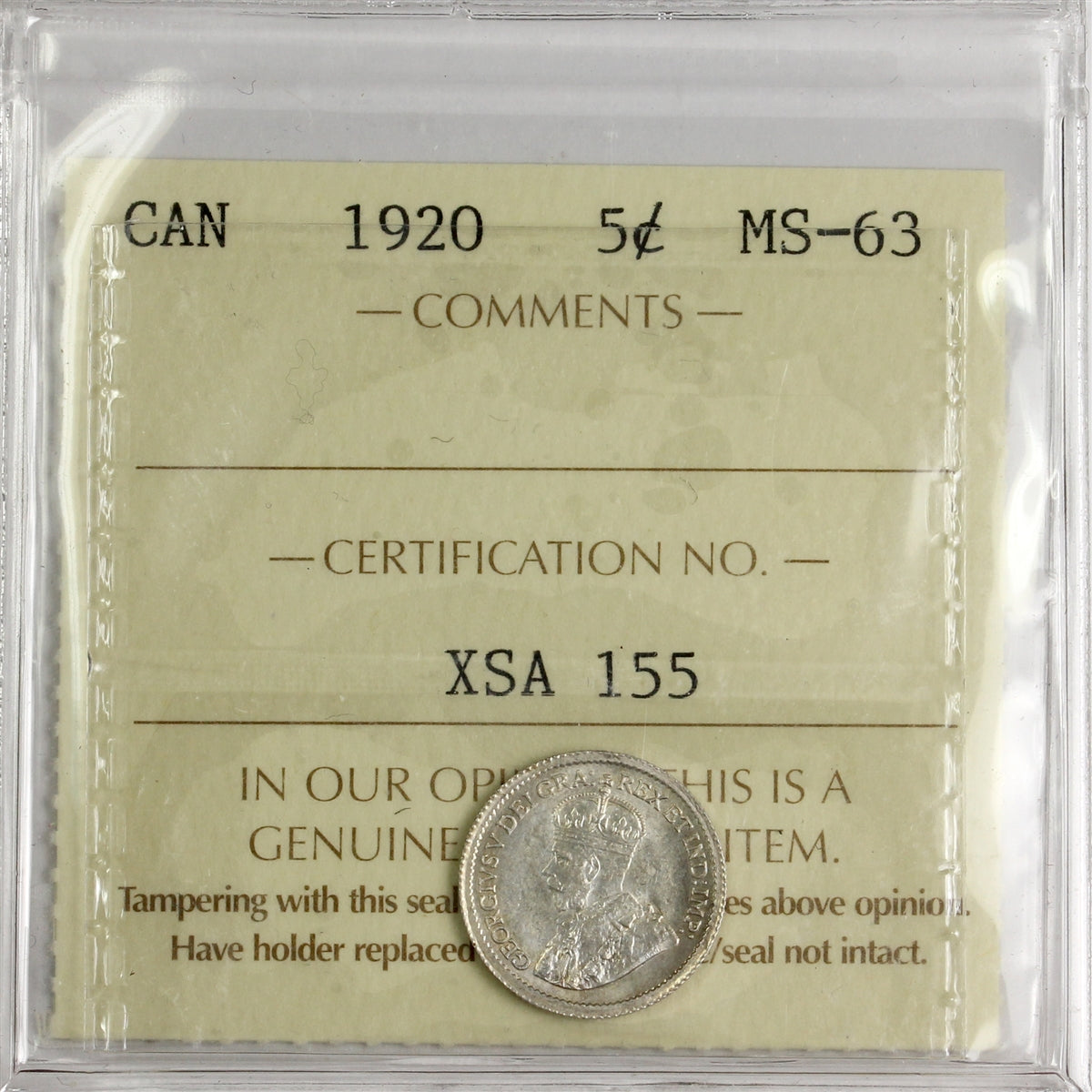 1920 Canada 5-cents ICCS Certified MS63