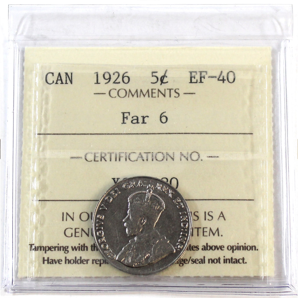 1926 Far 6 Canada 5-cents ICCS Certified EF40