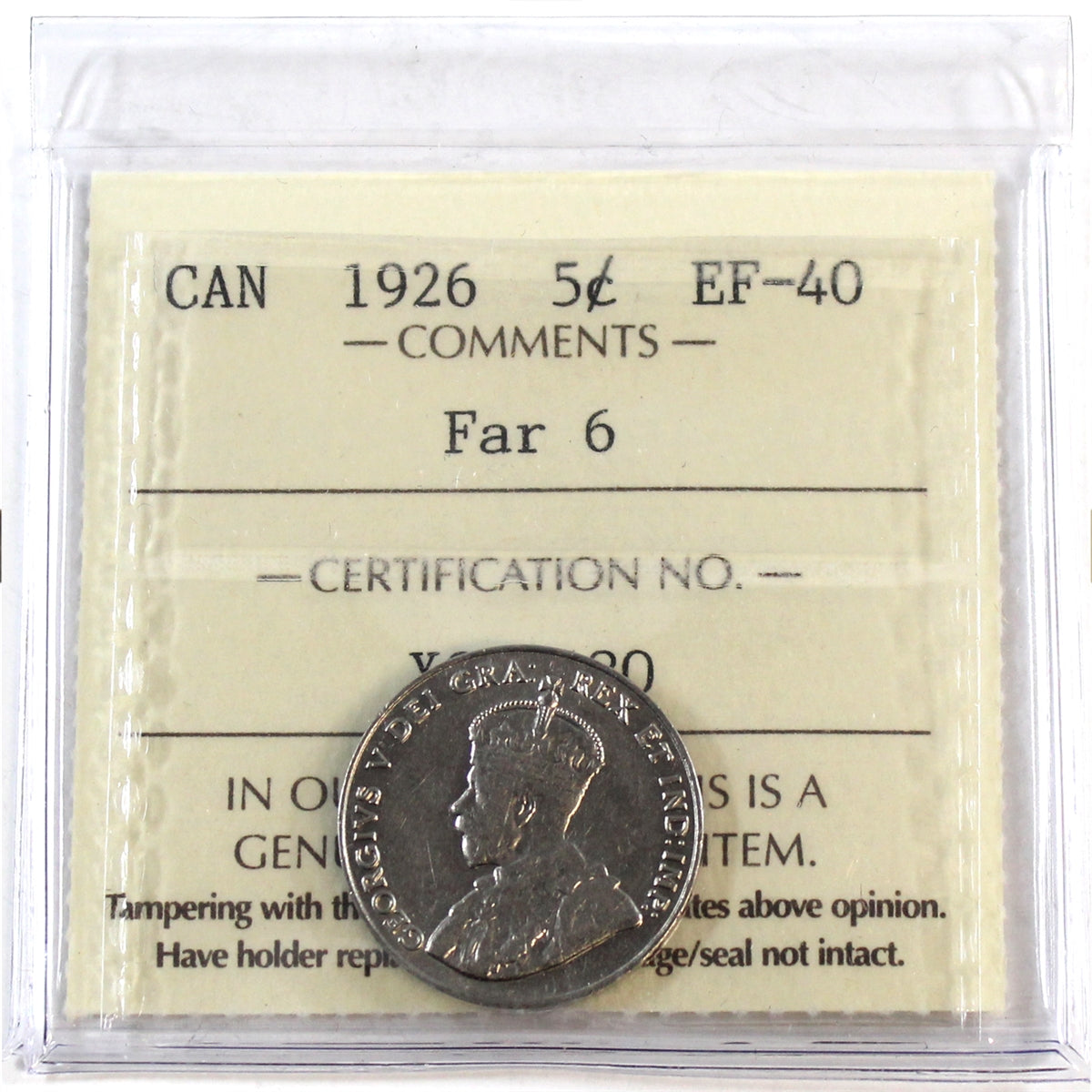 1926 Far 6 Canada 5-cents ICCS Certified EF40