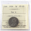 1926 Far 6 Canada 5-cents ICCS Certified VF20