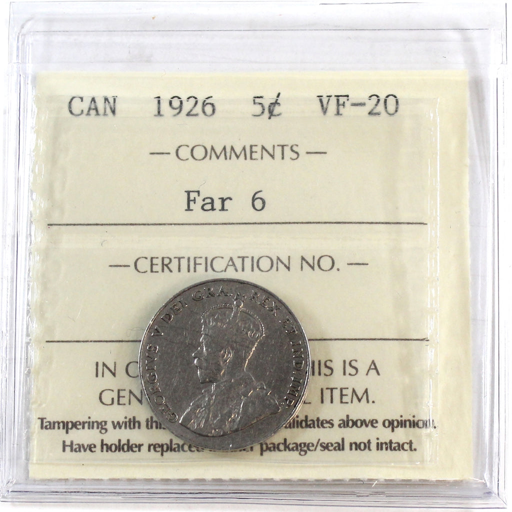 1926 Far 6 Canada 5-cents ICCS Certified VF20