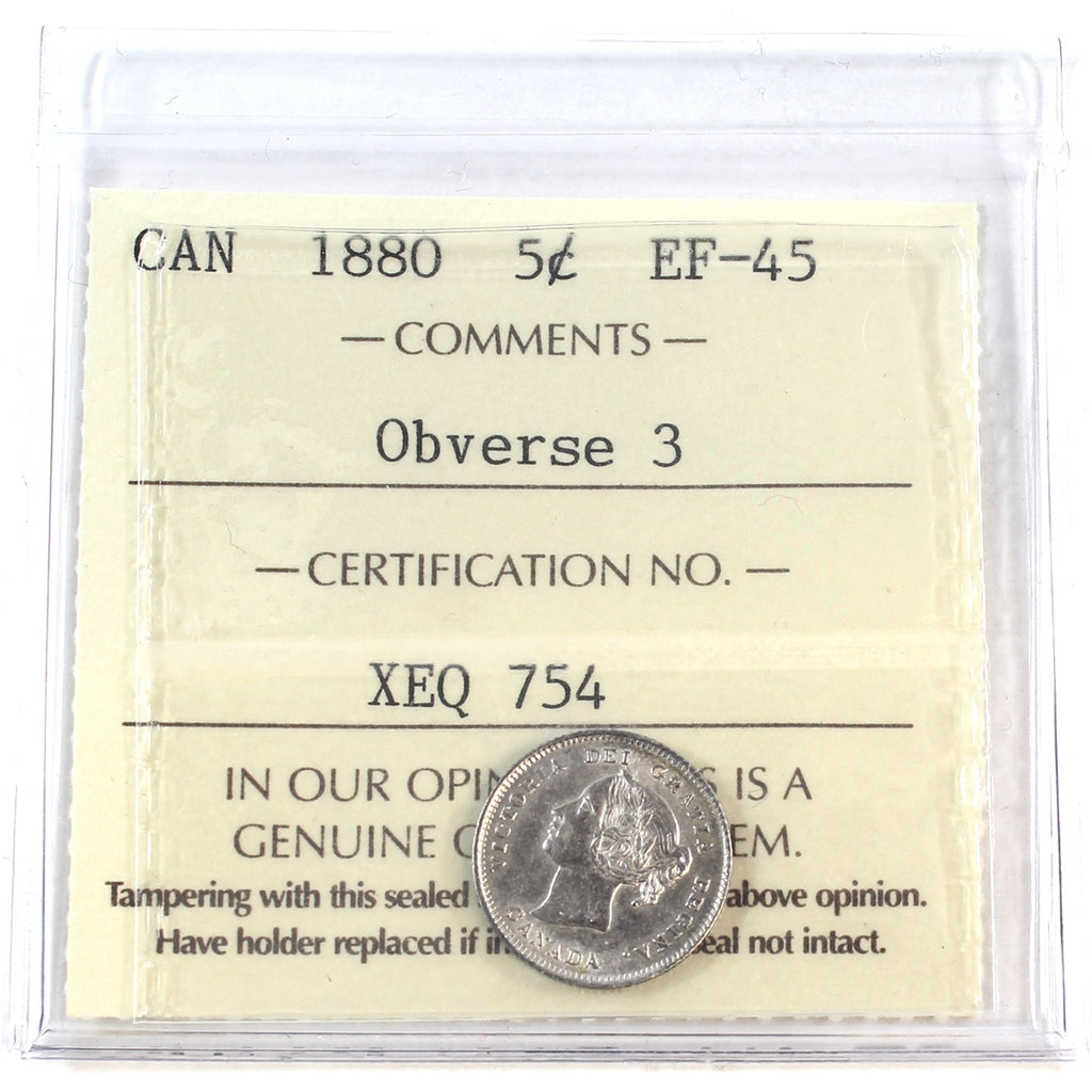 1880 Obv. 3 Canada 5-cents ICCS Certified EF45