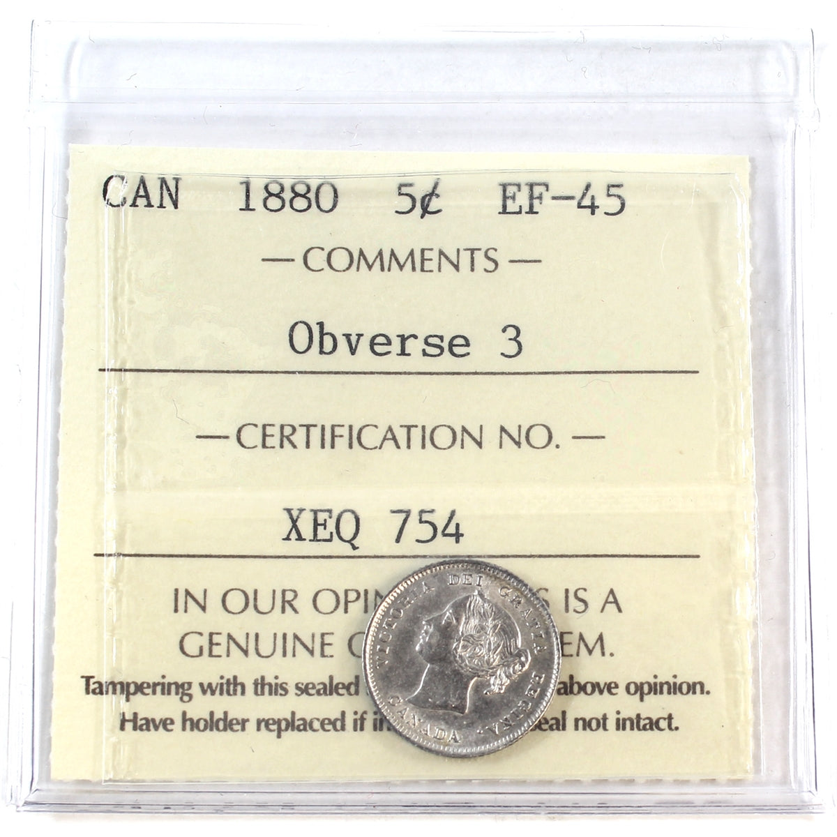 1880 Obv. 3 Canada 5-cents ICCS Certified EF45