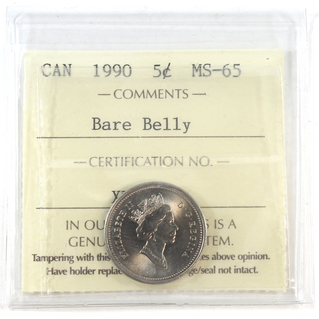 1990 Bare Belly Canada 5-cents ICCS Certified MS65