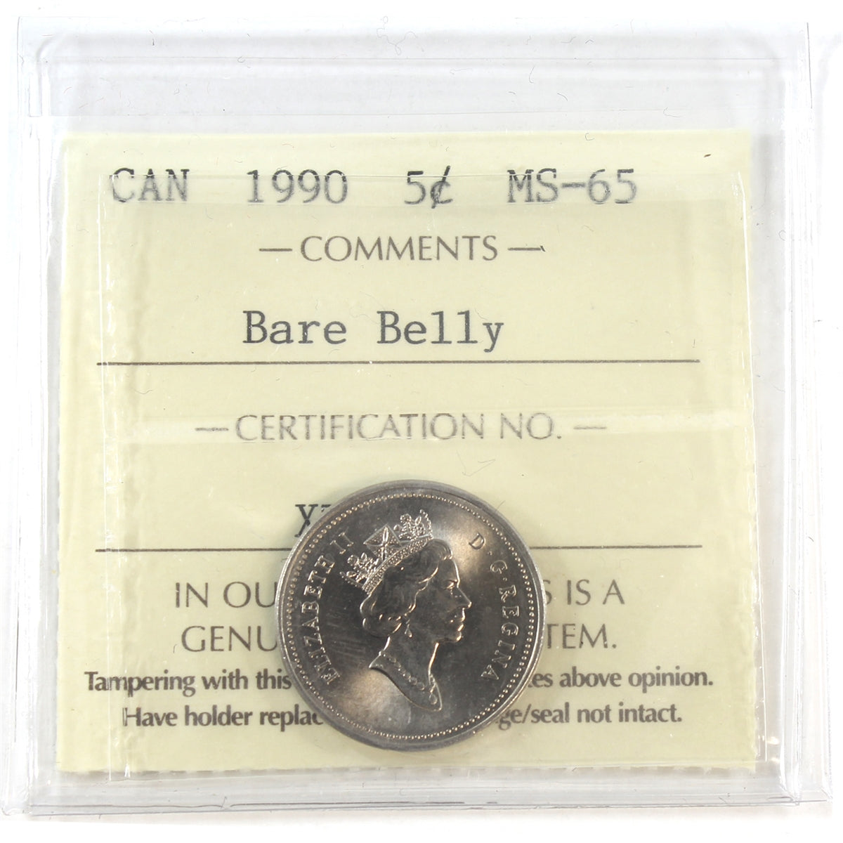 1990 Bare Belly Canada 5-cents ICCS Certified MS65