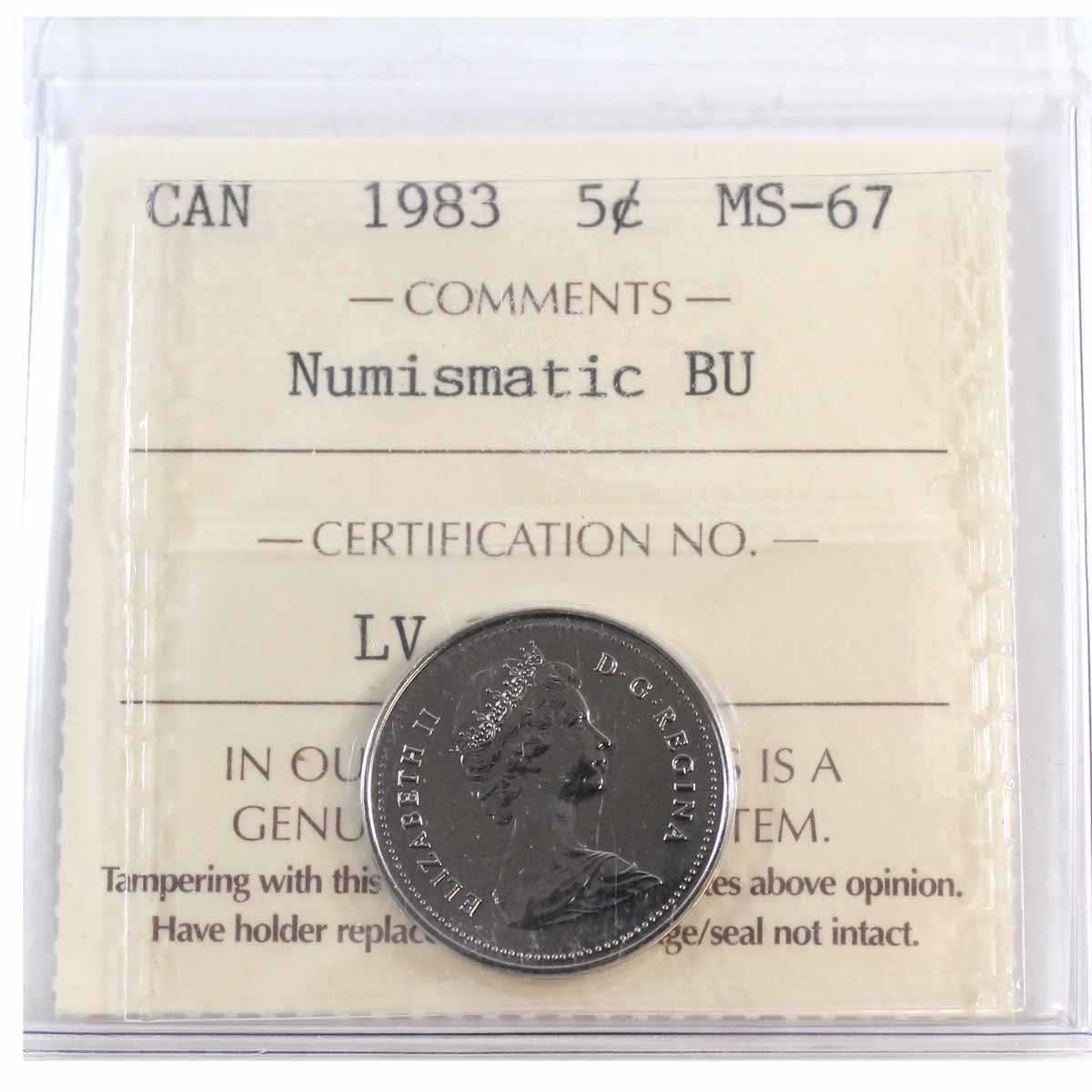 1983 Canada 5-cents ICCS Certified MS67 Numismaric BU