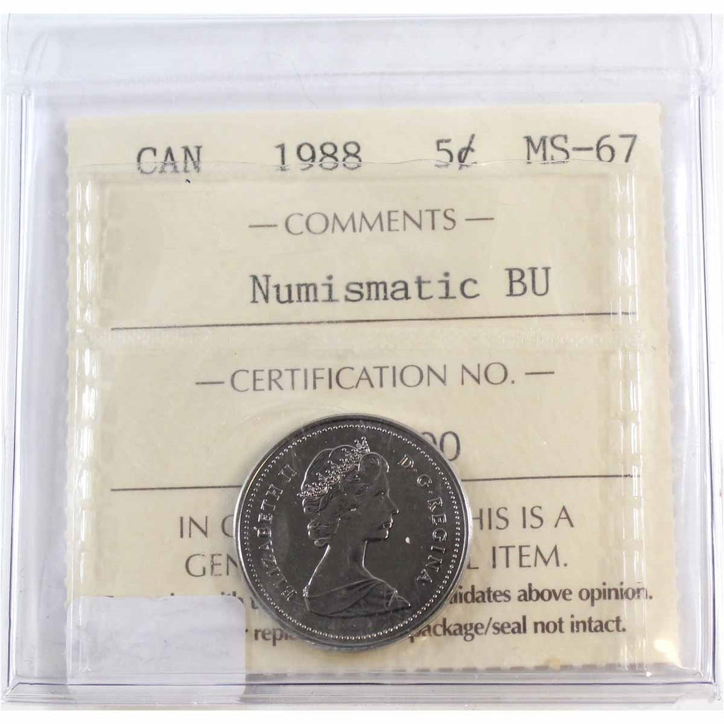 1988 Canada 5-cents ICCS Certified MS67 Numismatic BU