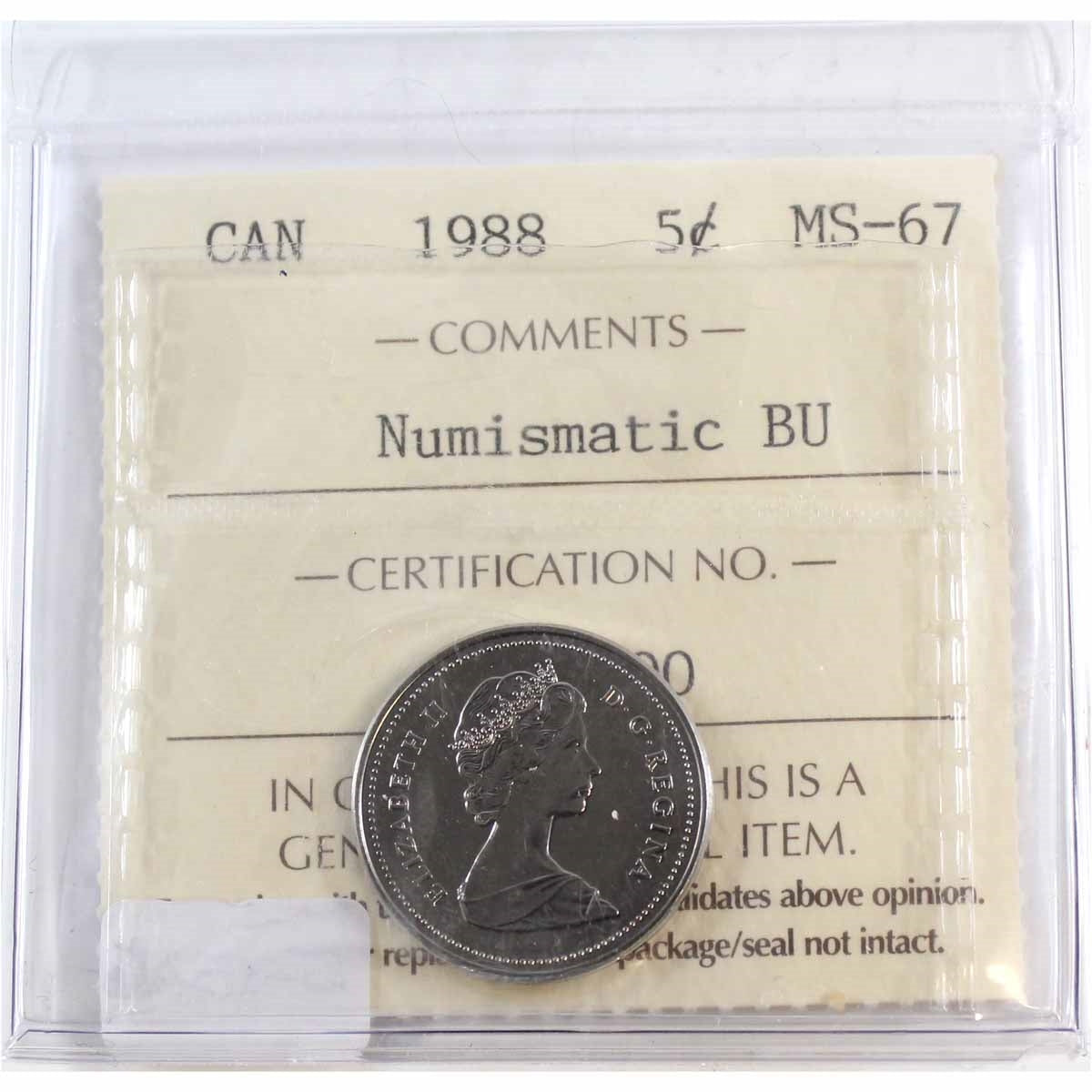 1988 Canada 5-cents ICCS Certified MS67 Numismatic BU