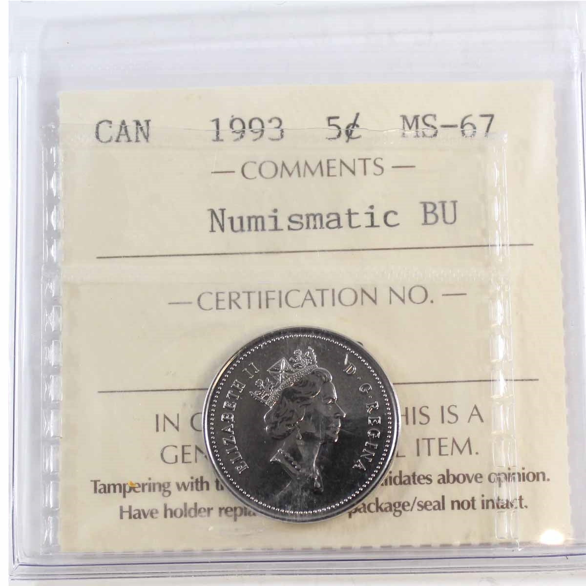 1993 Canada 5-cents ICCS Certified MS67 Numismatic BU