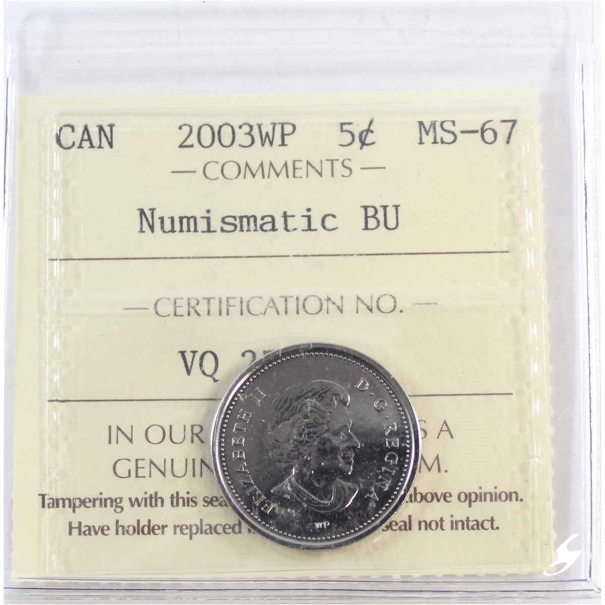 2003WP New Effigy Canada 5-cents ICCS Certified MS67 Numismatic BU