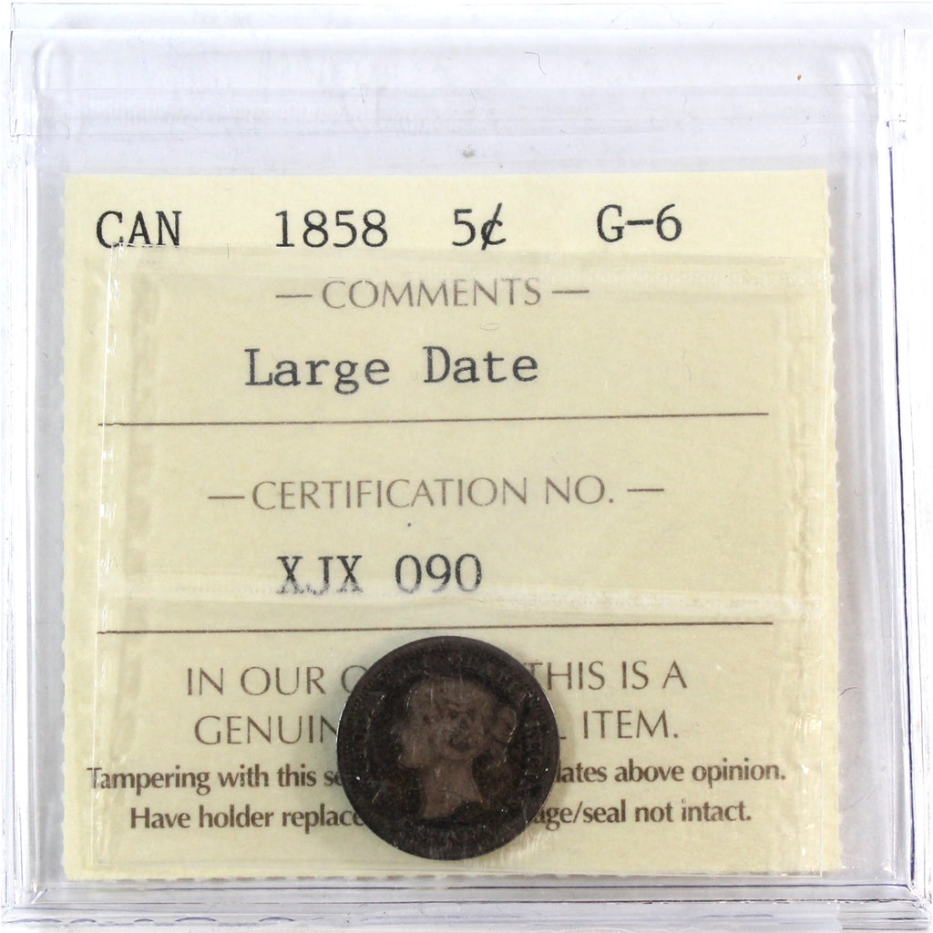1858 Large Date Canada 5-cents ICCS Certified VG10 (XJX 091)