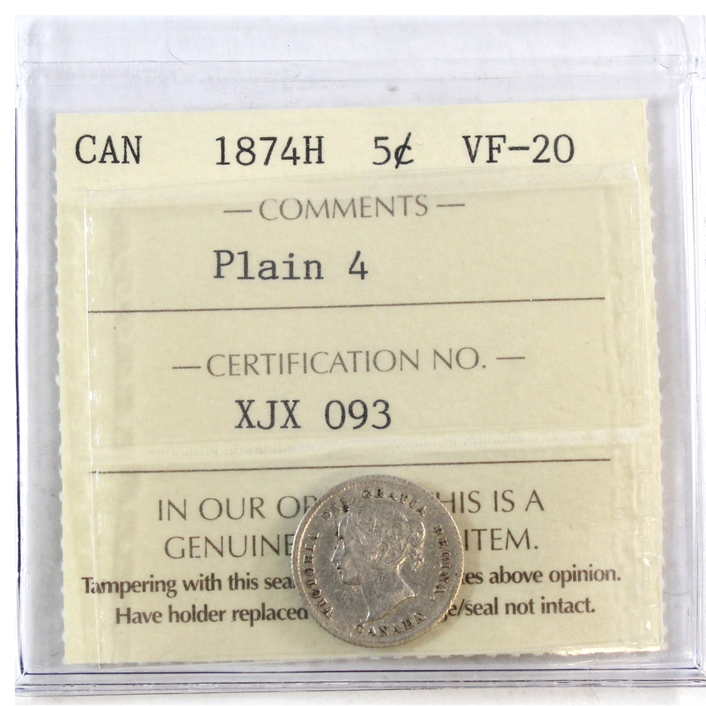 1874H Plain 4 Canada 5-cents ICCS Certified VF20