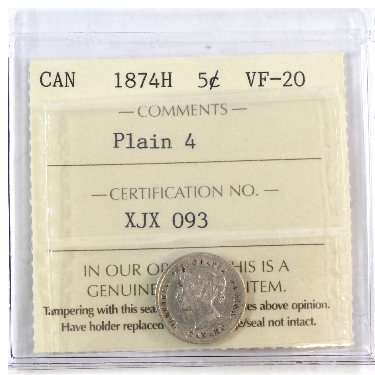 1874H Plain 4 Canada 5-cents ICCS Certified VF20