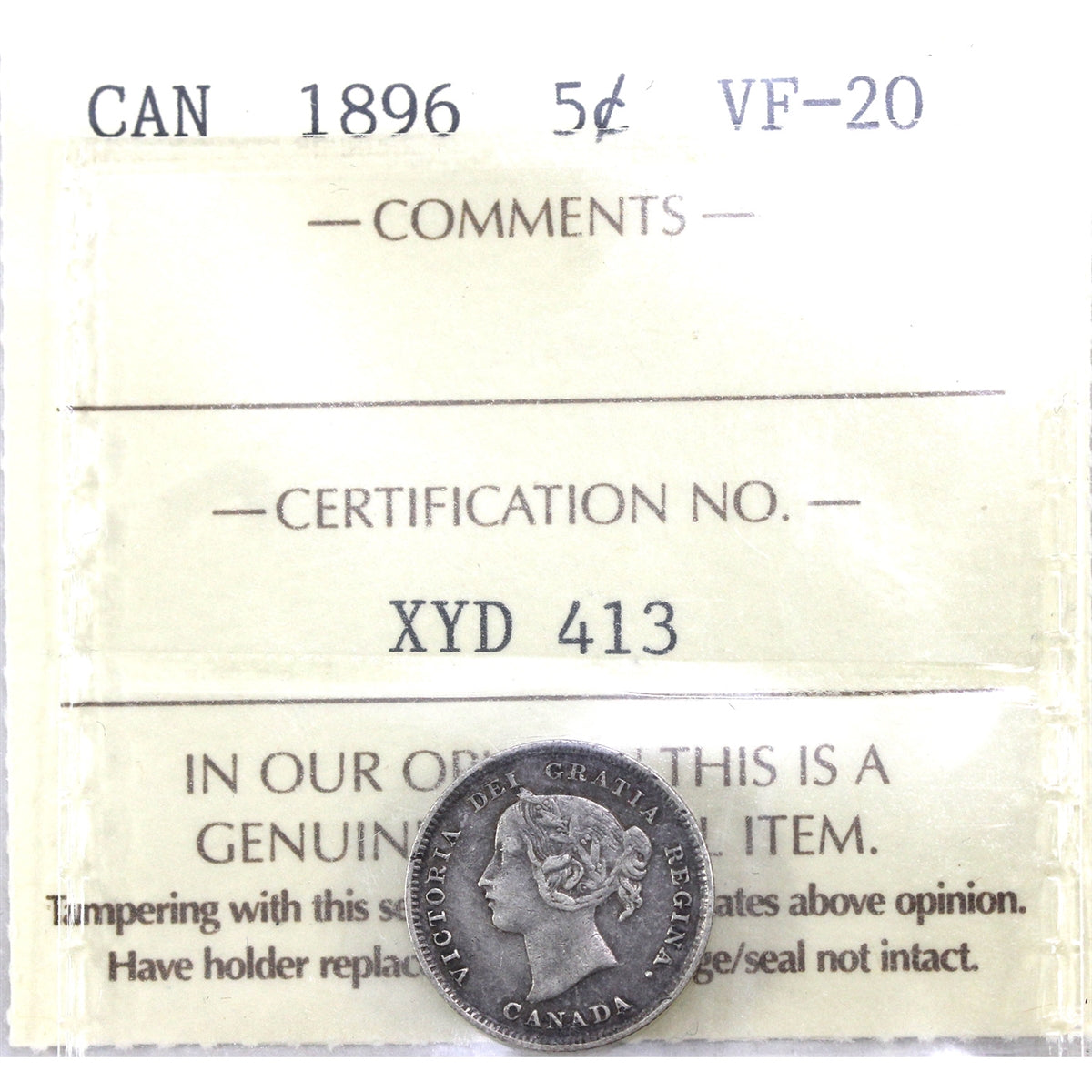 1896 Canada 5-cents ICCS Certified VF20